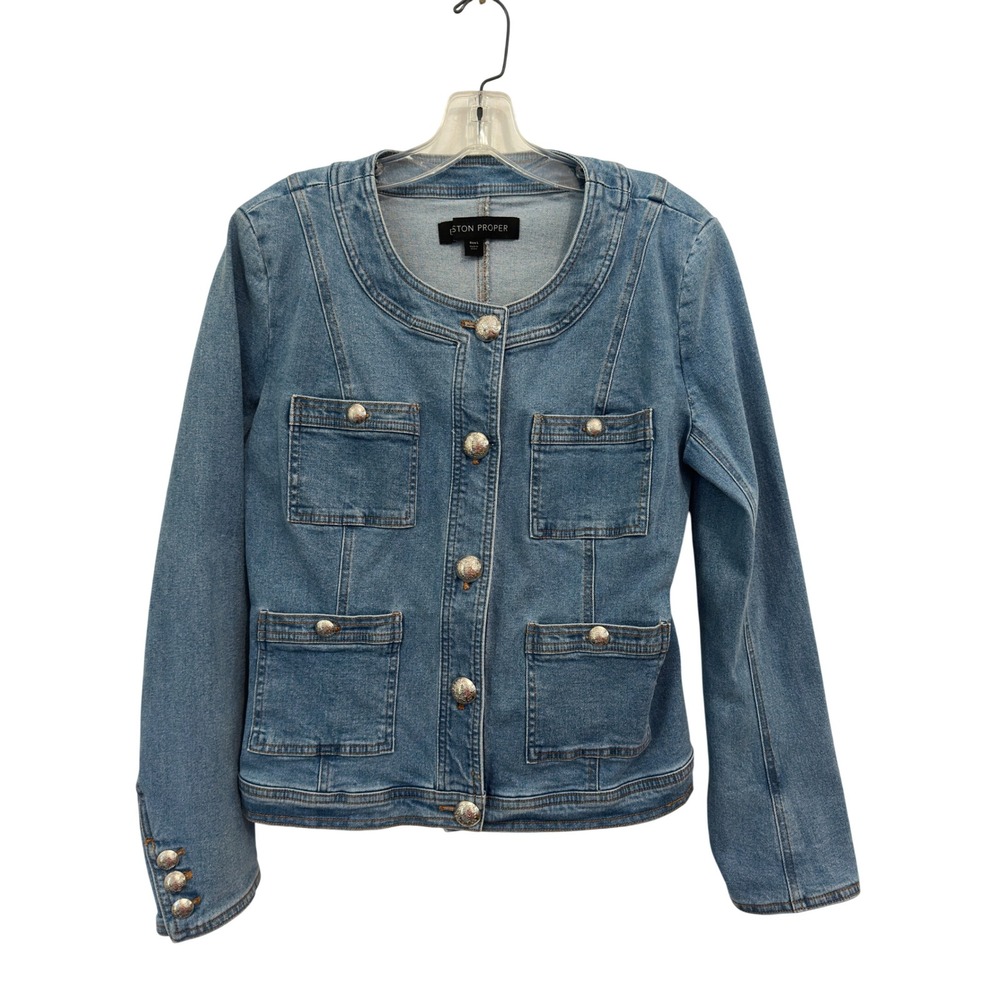 Boston Proper Denim Jacket Blue Crest Button Military Collarless Old Money L
